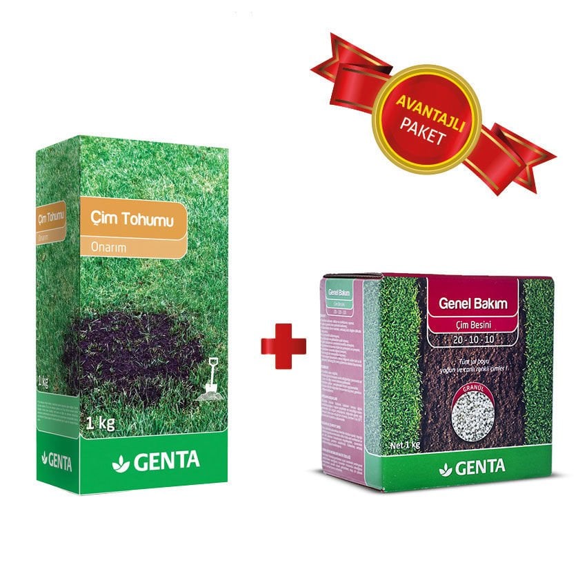 Onarım Çim Tohumu 1 Kg - Genta Genel Bakım Çim Gübresi 1 kg - Çim Onarım Paketi